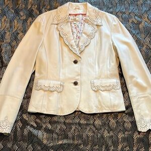 Wilsons Leather Jacket Beige Scalloped Hem Floral Lining size L